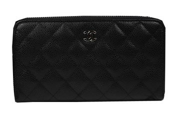 Chanel Matelasse Zip Around Wallet Black Cannage Pattern A50097 Silver