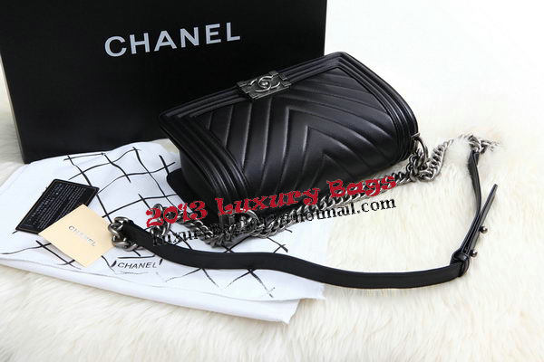 Boy Chanel Flap Bag Calfskin Chevron Quilting A67086 Black