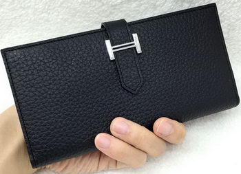 Hermes Bearn Japonaise Bi-Fold Wallet Litchi Leather A208 Black