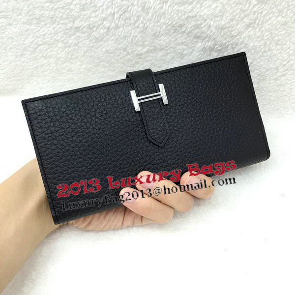 Hermes Bearn Japonaise Bi-Fold Wallet Litchi Leather A208 Black