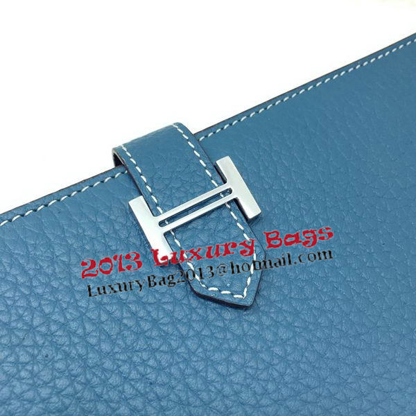 Hermes Bearn Japonaise Bi-Fold Wallet Litchi Leather A208 Blue