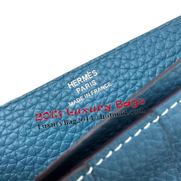 Hermes Bearn Japonaise Bi-Fold Wallet Litchi Leather A208 Blue