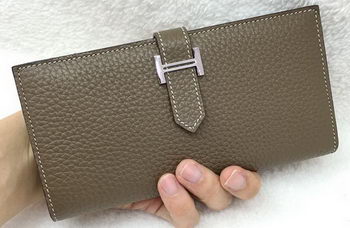 Hermes Bearn Japonaise Bi-Fold Wallet Litchi Leather A208 Khaki