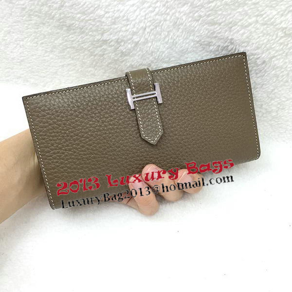 Hermes Bearn Japonaise Bi-Fold Wallet Litchi Leather A208 Khaki