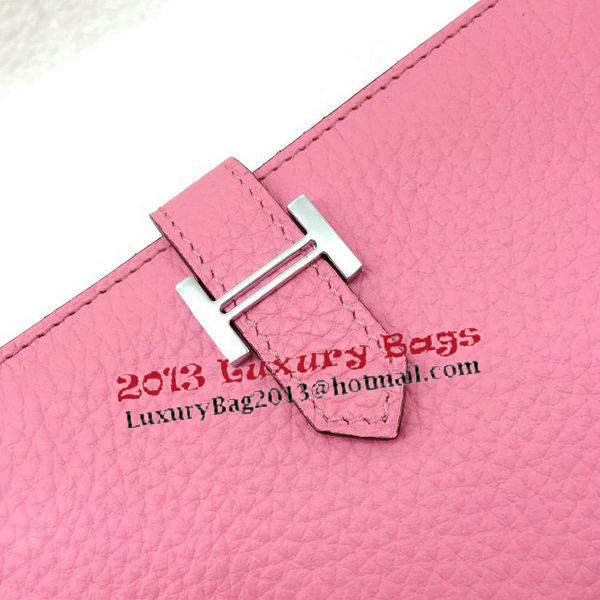 Hermes Bearn Japonaise Bi-Fold Wallet Litchi Leather A208 Pink
