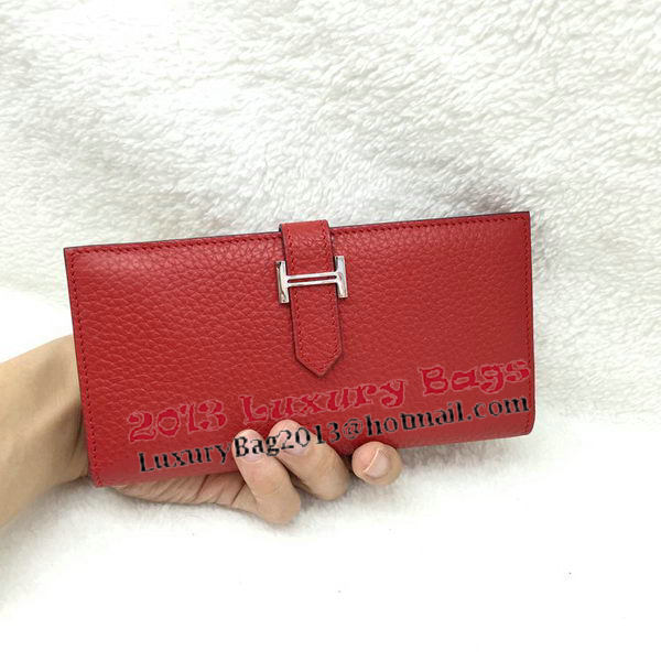 Hermes Bearn Japonaise Bi-Fold Wallet Litchi Leather A208 Red