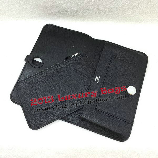 Hermes Dogon Combined Wallet Litchi Leather A508 Black