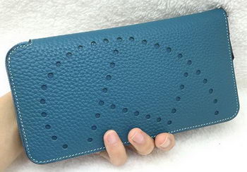 Hermes Evelyn Long Zip Wallet Litchi A808 Blue