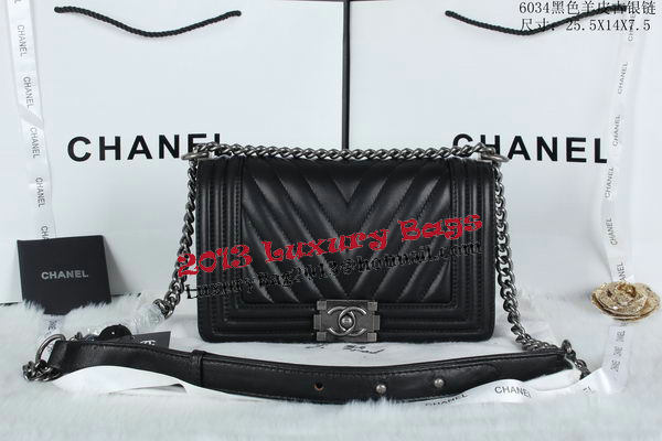 Boy Chanel Flap Bag Sheepskin Chevron Quilting A66034 Black