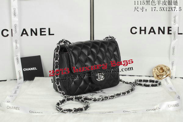 Chanel Classic MINI Flap Bag Black Sheepskin Leather A1115 Silver