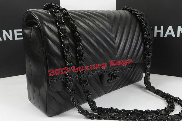 Chanel Classic Flap Bag Sheepskin Chevron Quilting A1113 Black