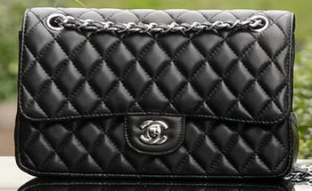Chanel 2.55 Series Flap Bag Black Sheepskin Leather A1112 Silver