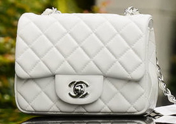 Chanel Classic MINI Flap Bag White Sheepskin A37585 Silver