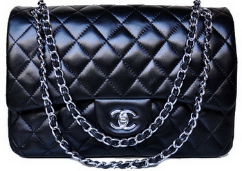 Chanel Jumbo Quilted Classic Black Sheepskin Flap Bag A58600 Silver