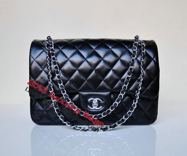 Chanel Jumbo Quilted Classic Black Sheepskin Flap Bag A58600 Silver