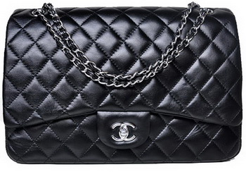 Chanel Maxi Quilted Classic Flap Bag Black Sheepskin A58601 Silver