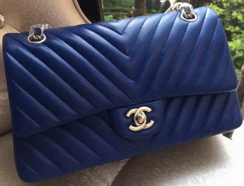 Chanel 2.55 Series Flap Bag Blue Lambskin Chevron Leather A01112 Silver
