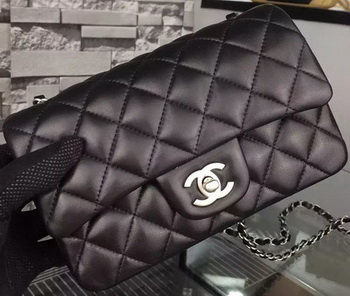 Chanel Classic mini Flap Bag Black Sheepskin Leather A67350 Silver