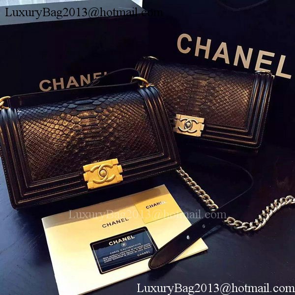 Chanel Boy Flap Shoulder Bag Black Python Leather A66095 Silver