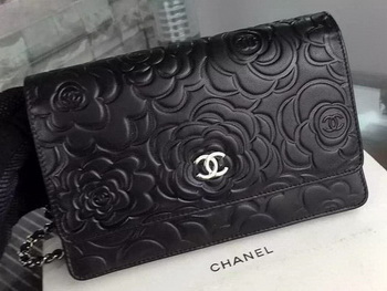 Chanel WOC Flap Bag Original Black Camellia Leather A5373 Silver