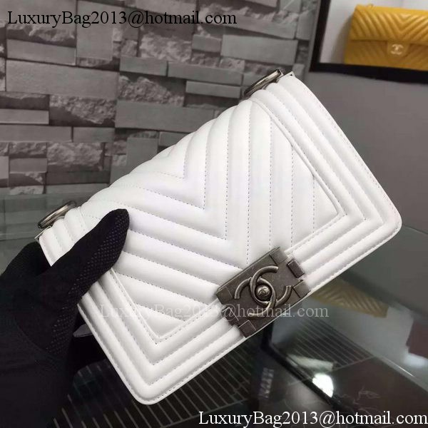Boy Chanel mini Flap Bag Original Chevron Sheepskin Leather A5707 White