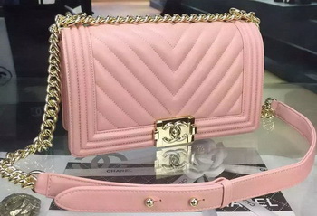 Boy Chanel Flap Bag Original Chevron Pink Nubuck Leather A5708 Gold