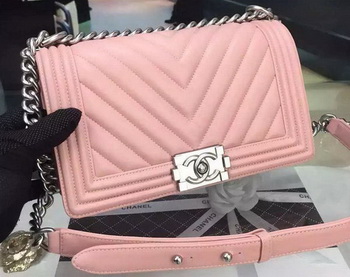 Boy Chanel Flap Bag Original Chevron Pink Nubuck Leather A5708 Silver