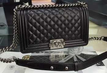 Chanel Boy Flap Shoulder Bag Black Original Calfskin Leather A8708 Silver