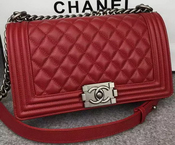 Chanel Boy Flap Shoulder Bag Red Original Calfskin Leather A8708 Silver