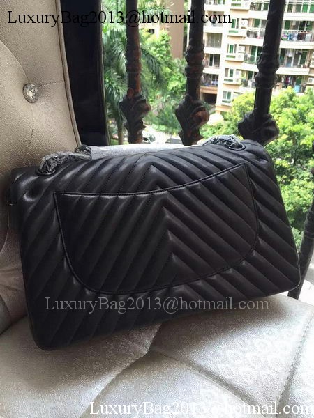 Chanel Classic Flap Bag Black Sheepskin Chevron Quilting A1113 Silver