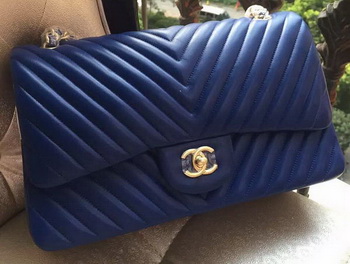 Chanel Classic Flap Bag Blue Sheepskin Chevron Quilting A1113 Gold