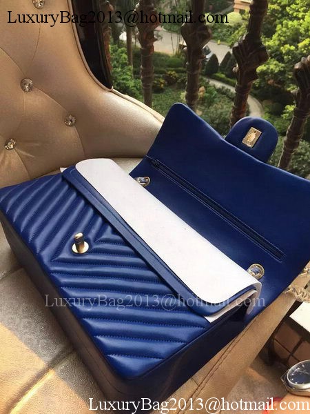 Chanel Classic Flap Bag Blue Sheepskin Chevron Quilting A1113 Gold
