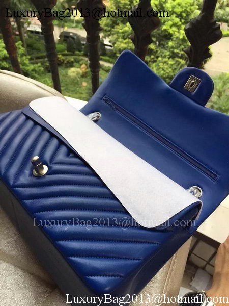 Chanel Classic Flap Bag Blue Sheepskin Chevron Quilting A1113 Silver