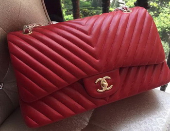 Chanel Classic Flap Bag Red Sheepskin Chevron Quilting A1113 Gold