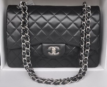 Chanel Jumbo Double Flaps Bags Black Sheepskin Leather A36097 Silver