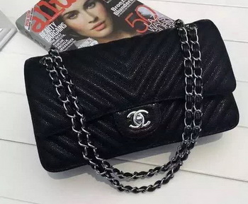 Chanel 2.55 Series Flap Bag Black Cannage Pattern Chevron Leather A1112V Silver