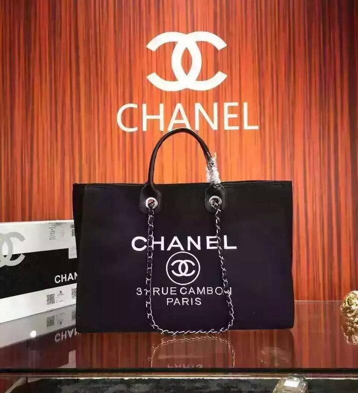 Chanel Medium Canvas Tote Shopping Bag Black