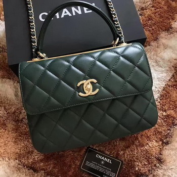 Chanel Classic Top Handle Bag Green Sheepskin Leather A92991 Gold