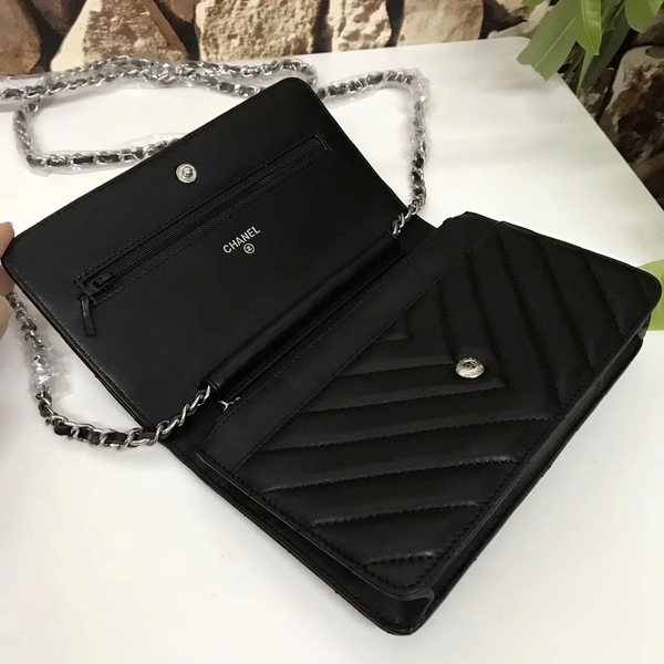 Chanel Classic Flap Bags Black Original Sheepskin Leather 33815 Silver