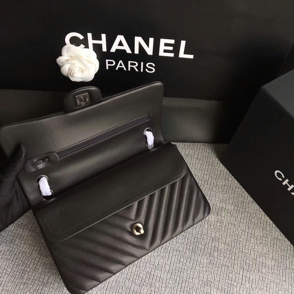 Chanel Flap Shoulder Bags Black Original Sheepskin CF1112 Silver