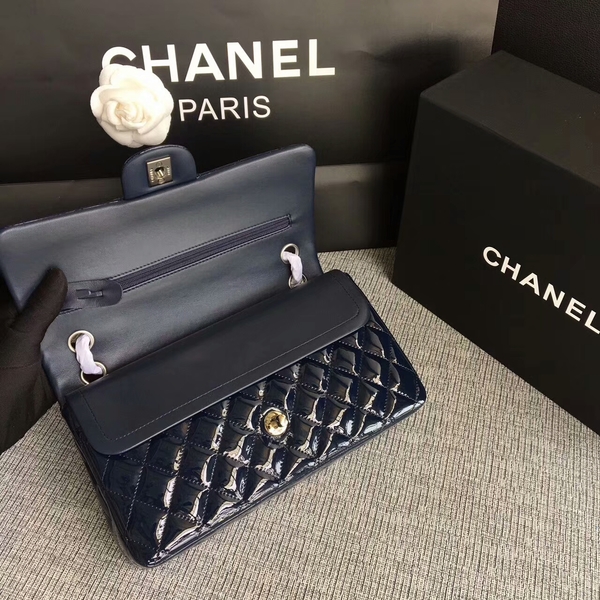 Chanel Flap Shoulder Bags Dark Blue Original Patent Leather CF1112 Silver
