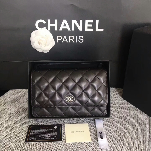 Chanel WOC Flap Bag Black Original Sheepskin Leather 33814 Silver
