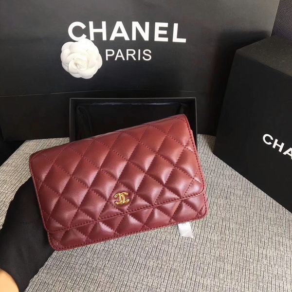 Chanel WOC Flap Bag Dark Red Original Sheepskin Leather 33814 Glod