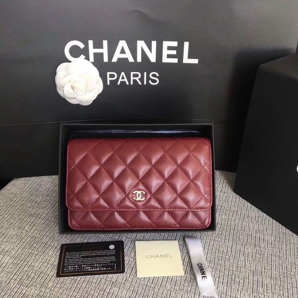 Chanel WOC Flap Bag Dark Red Original Sheepskin Leather 33814 Silver