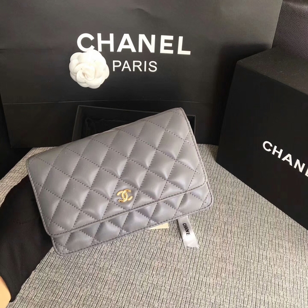 Chanel WOC Flap Bag Grey Original Sheepskin Leather 33814 Glod