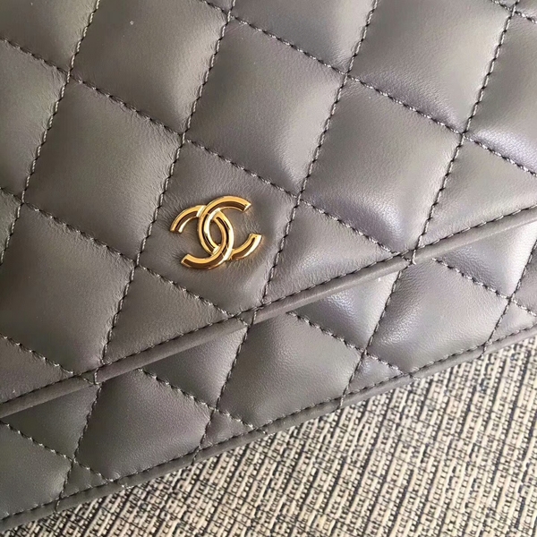 Chanel WOC Flap Bag Grey Original Sheepskin Leather 33814 Glod