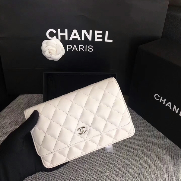 Chanel WOC Flap Bag White Original Sheepskin Leather 33814 Silver