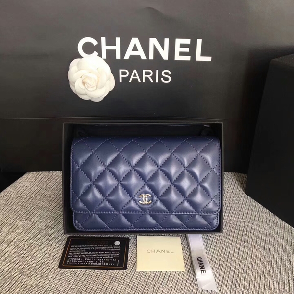 Chanel WOC Flap Bag Dark Blue Original Sheepskin Leather 33814 Silver