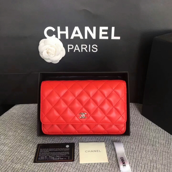 Chanel WOC Flap Bag Red Original Sheepskin Leather 33814 Silver