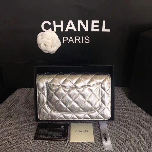 Chanel WOC Flap Bag Original Sheepskin Leather 33814B Silver